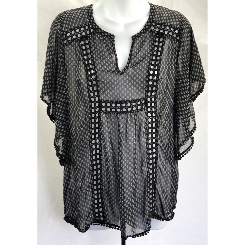 Daniel Rainn Chiffon Top M Blk Geo Crochet Dolman sleeve Hi Lo Whimsy Goth Fairy